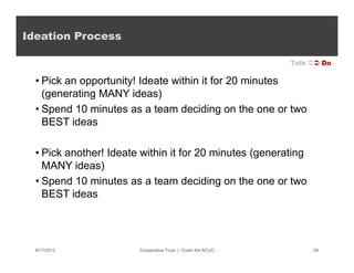 Ideation Process

                                                             Talk  Do

  • Pick an opportunity! Ideate...