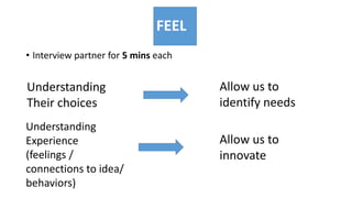 FEEL
• Interview partner for 5 mins each
Understanding
Their choices
Allow us to
identify needs
Understanding
Experience
(feelings /
connections to idea/
behaviors)
Allow us to
innovate
 