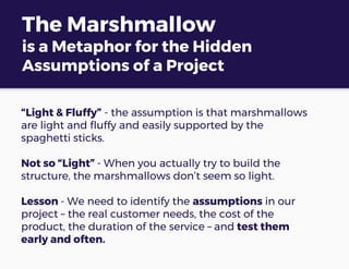 The Marshmallow
is a Metaphor for the Hidden
Assumptions of a Project
“Light & Fluffy” - the assumption is that marshmallows
are light and fluffy and easily supported by the
spaghetti sticks.
Not so “Light” - When you actually try to build the
structure, the marshmallows don’t seem so light.
Lesson - We need to identify the assumptions in our
project – the real customer needs, the cost of the
product, the duration of the service – and test them
early and often.
 