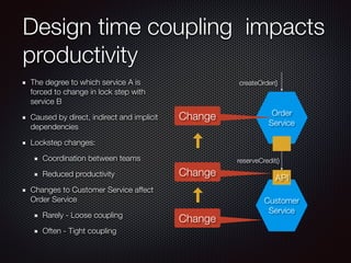 Design time coupling impacts
productivity
The degree to which service A is
forced to change in lock step with
service B
Caused by direct, indirect and implicit
dependencies
Lockstep changes:
Coordination between teams
Reduced productivity
Changes to Customer Service affect
Order Service
Rarely - Loose coupling
Often - Tight coupling
API
Order
Service
Customer
Service
reserveCredit()
createOrder()
Change
Change
Change
 
