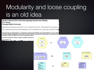 @crichardson
Modularity and loose coupling
is an old idea
Customer Service
Order Service
Order Service
«Subdomain»
Orders
«Subdomain»
Customers
VS. «Subdomain»
Orders
«Subdomain»
Customers
«Subdomain» Orders
«Aggregate»
Order
«Subdomain» Customers
«Aggregate»
Customer
«Subdomain» Orders
«Aggregate»
Order
«Aggregate»
Customer
VS.
create()
reserveCredit()
releaseCredit()
name
creditLimit
availableCredit
«Aggregate»
Customer
create()
name
«Aggregate»
Customer
reserveCredit()
releaseCredit()
creditLimit
availableCredit
«Aggregate»
CustomerCredit
VS.
 