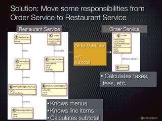 @crichardson
Solution: Move some responsibilities from
Order Service to Restaurant Service
Restaurant Service Order Service
• Knows menus
• Knows line items
• Calculates subtotal
Order Validation
ok?
subtotal
• Calculates taxes,
fees, etc.
 