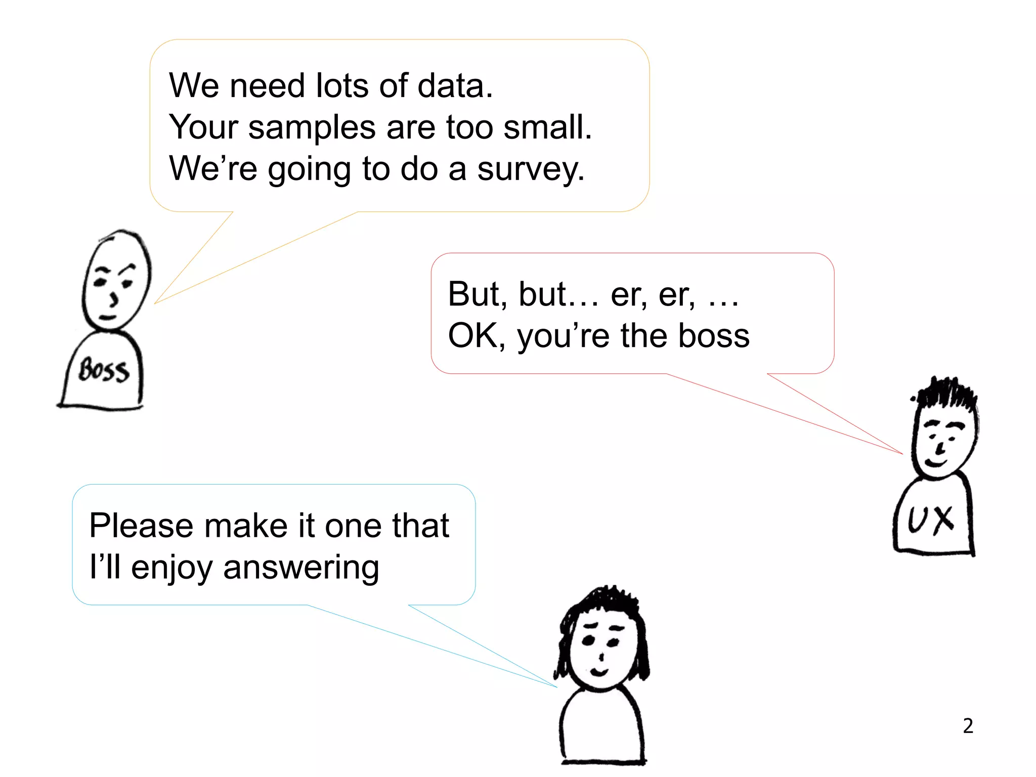 We need lots of data.
Your samples are too small.
We’re going to do a survey.
But, but… er, er, …
OK, you’re the boss
Please make it one that
I’ll enjoy answering
2
 