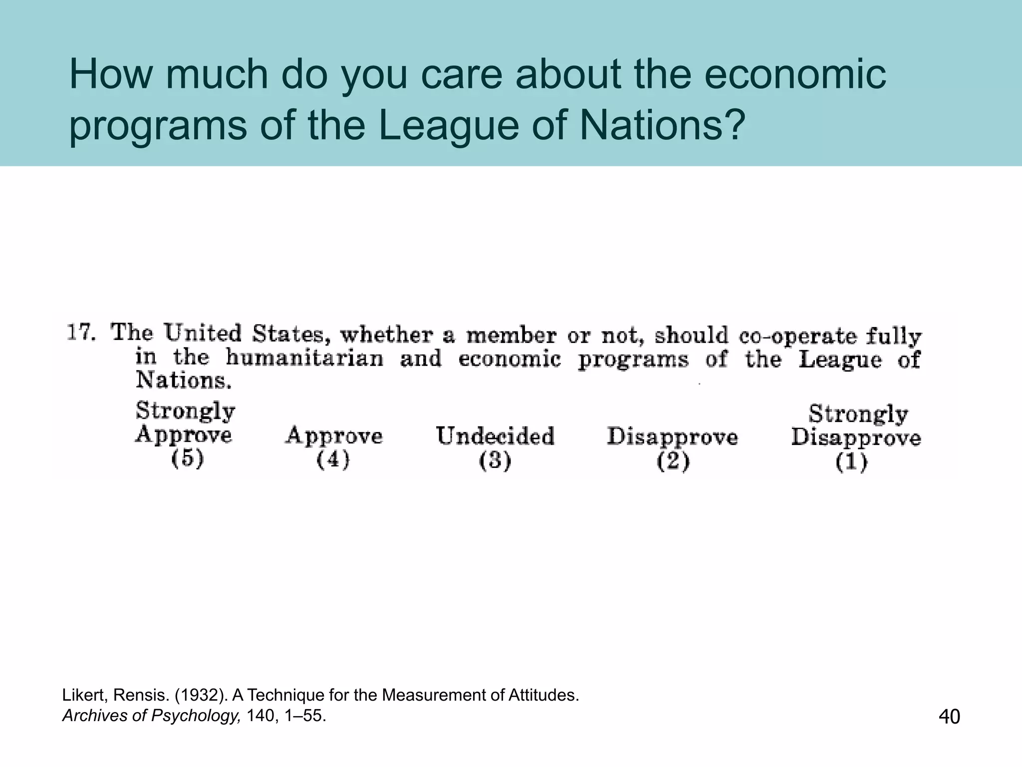How much do you care about the economic
programs of the League of Nations?
Likert, Rensis. (1932). A Technique for the Measurement of Attitudes.
Archives of Psychology, 140, 1–55. 40
 