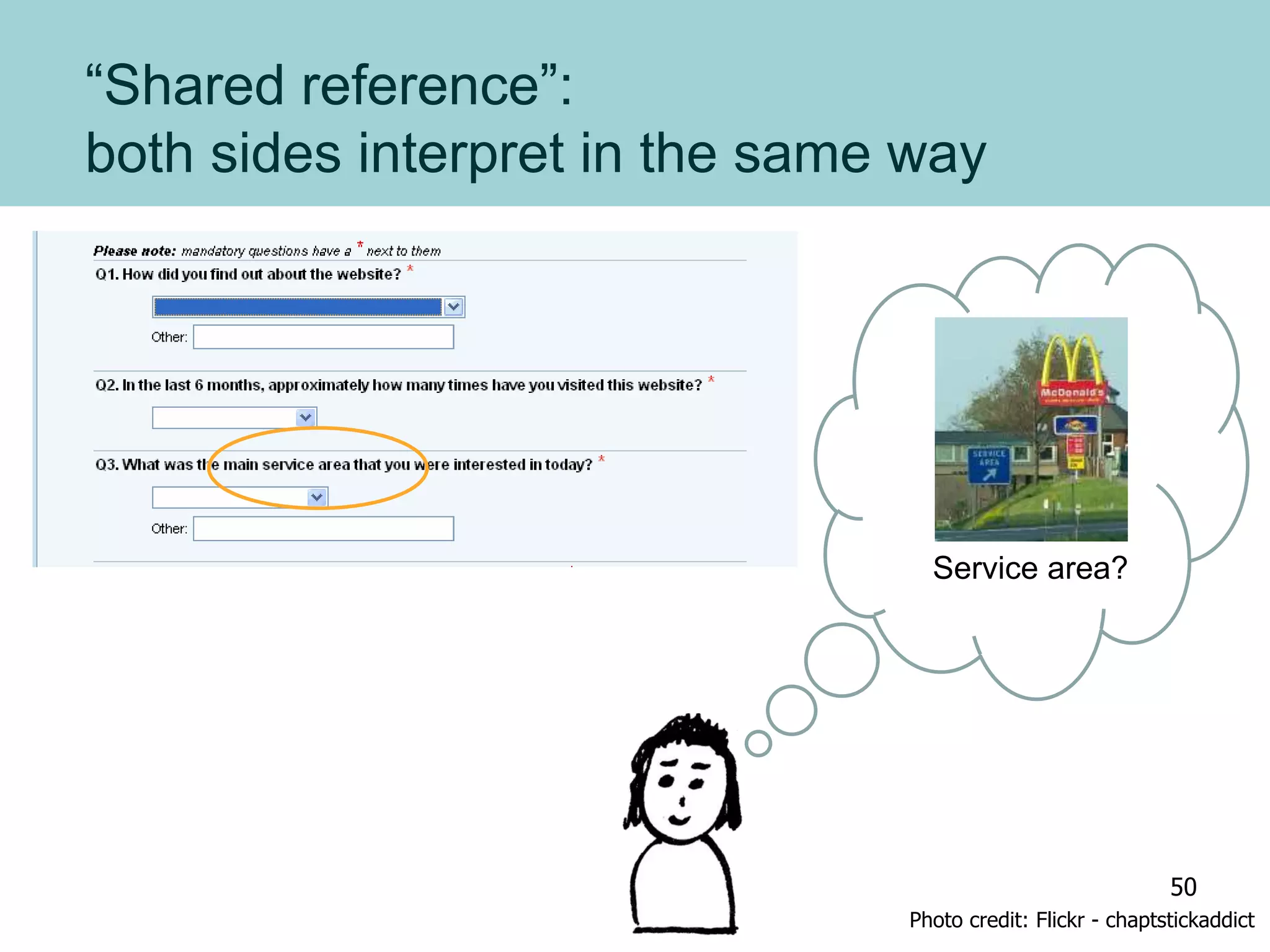 “Shared reference”:
both sides interpret in the same way
Photo credit: Flickr - chaptstickaddict
Service area?
50
 