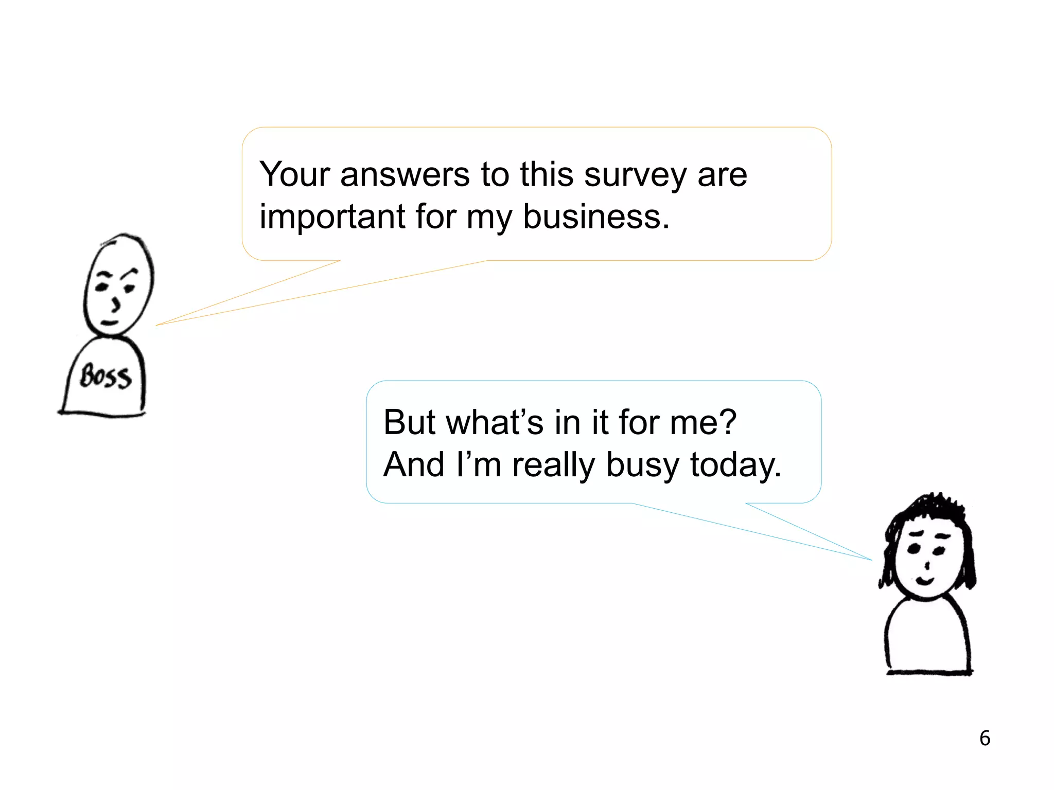 Your answers to this survey are
important for my business.
But what’s in it for me?
And I’m really busy today.
6
 