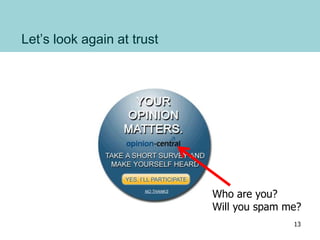 Let’s look again at trust
Who are you?
Will you spam me?
13
 
