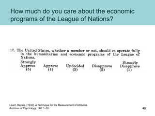 How much do you care about the economic
programs of the League of Nations?
Likert, Rensis. (1932). A Technique for the Measurement of Attitudes.
Archives of Psychology, 140, 1–55. 40
 