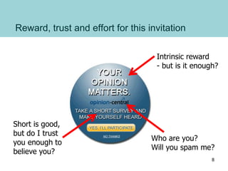 Reward, trust and effort for this invitation
Intrinsic reward
- but is it enough?
Short is good,
but do I trust
you enough to
believe you?
Who are you?
Will you spam me?
8
 