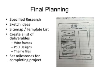 Final Planning
• Specified Research
• Sketch ideas
• Sitemap / Template List
• Create a list of
deliverables
– Wire frames
– PSD Designs
– Theme files
• Set milestones for
completing project
 