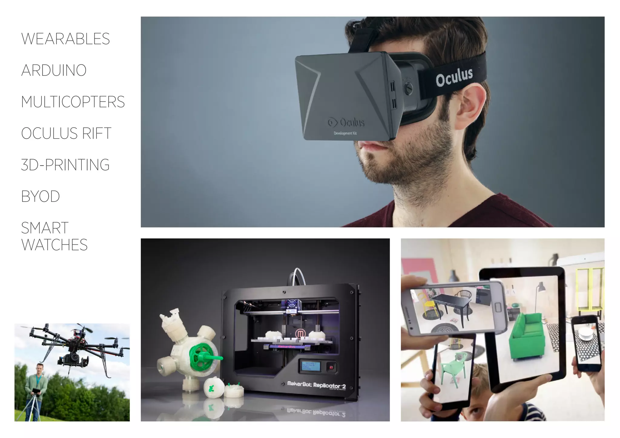 WEARABLES
ARDUINO
MULTICOPTERS
OCULUS RIFT
3D-PRINTING
BYOD
SMART
WATCHES

 