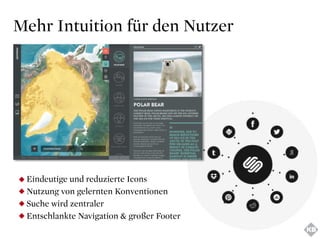 EindeutigeundreduzierteIcons
NutzungvongelerntenKonventionen
Suchewirdzentraler
EntschlankteNavigation&großerFooter
MehrIntuitionfürdenNutzer
 