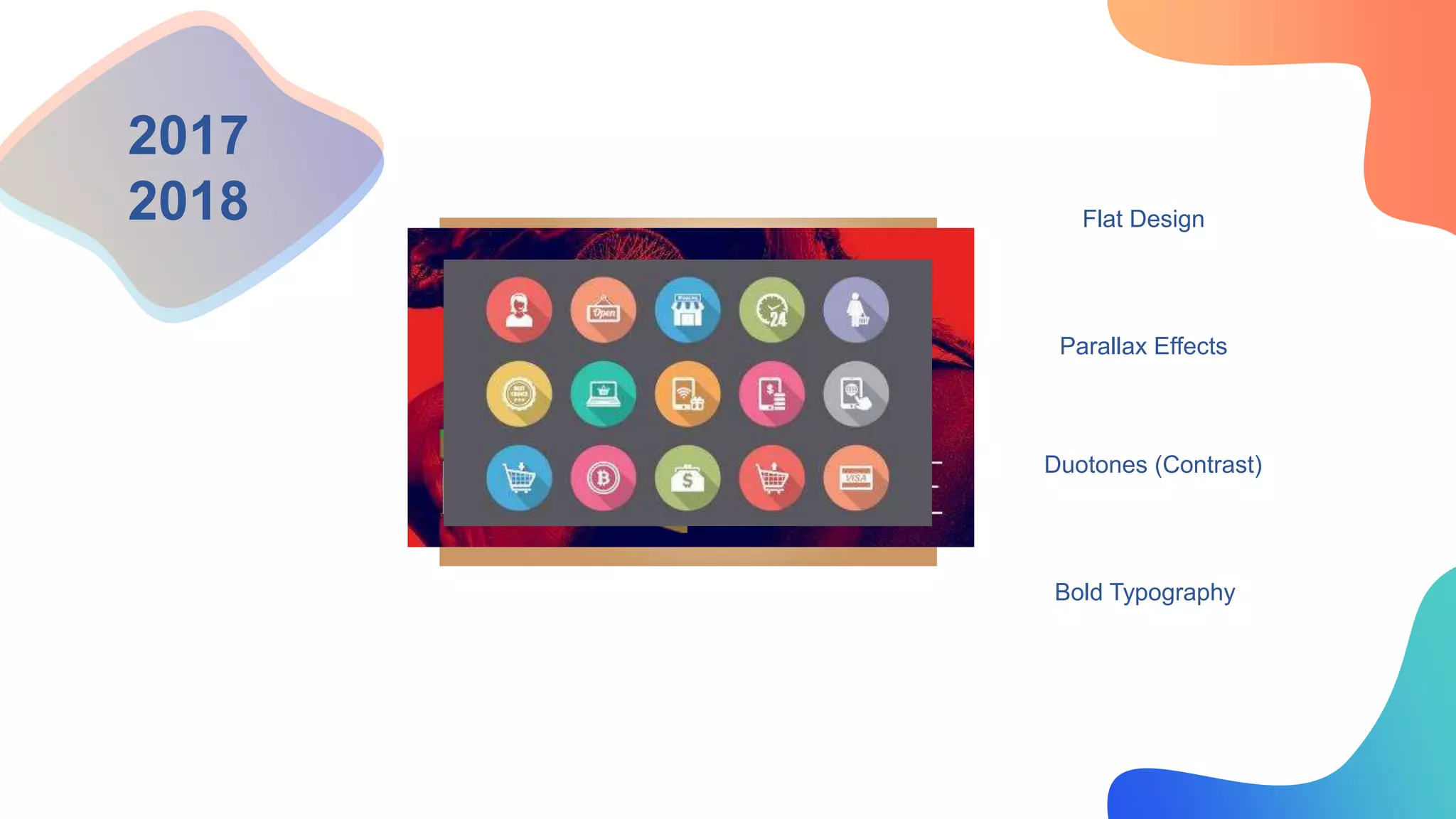 2017
2018 Flat Design
Parallax Effects
Duotones (Contrast)
Bold Typography