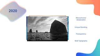 2020
Monochrome/
desaturation
Unique Branding
Transparency
Bold Typography
 
