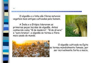 ..
O algodão e o linho são fibras naturais
vegetais mais antigas cultivadas pelo homem.
A Índia e a Etiópia lideraram as
primeiras peças tecidas de algodão. Antes
conhecido como “lã de madeira”, “lã de árvore”
e “ouro branco”, o algodão se tornou a fibra
mais usada do mundo.
O algodão cultivado no Egito
se tornou mundialmente famoso, por
ser incrivelmente forte e macio.
 