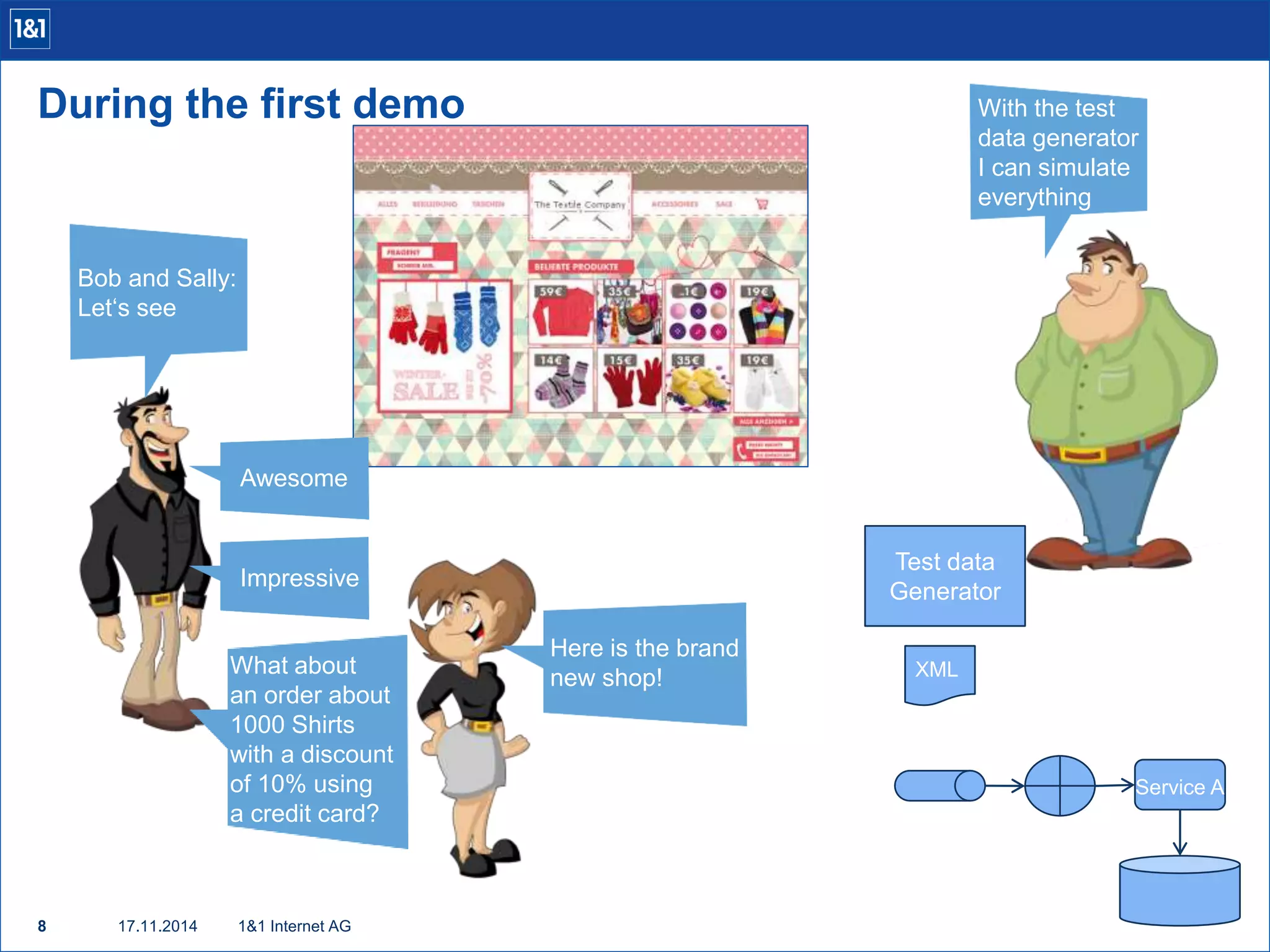 During the first demo 
Bob and Sally: 
Let‘s see 
8 17.11.2014 
1&1 Internet AG 
Here is the brand 
new shop! 
Awesome 
Service A 
Test data 
Generator 
XML 
Impressive 
What about 
an order about 
1000 Shirts 
with a discount 
of 10% using 
a credit card? 
With the test 
data generator 
I can simulate 
everything 
 