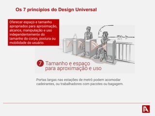 Os 7 princípios do Design Universal
Portas largas nas estações de metrô podem acomodar
cadeirantes, ou trabalhadores com pacotes ou bagagem.
Oferecer espaço e tamanho
apropriados para aproximação,
alcance, manipulação e uso
independentemente do
tamanho do corpo, postura ou
mobilidade do usuário.
 