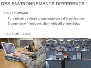 DES ENVIRONNEMENTS DIFFERENTS
PLUS PROPICES
  Pure player : culture et une souplesse d’organisation
  E-commerce : feedback client objectif et immédiat


PLUS COMPLEXES
 