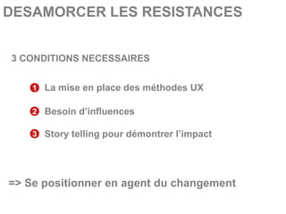 DESAMORCER LES RESISTANCES


3 CONDITIONS NECESSAIRES


    1 La mise en place des méthodes UX

    2 Besoin d’influences

    3 Story telling pour démontrer l’impact




=> Se positionner en agent du changement
 