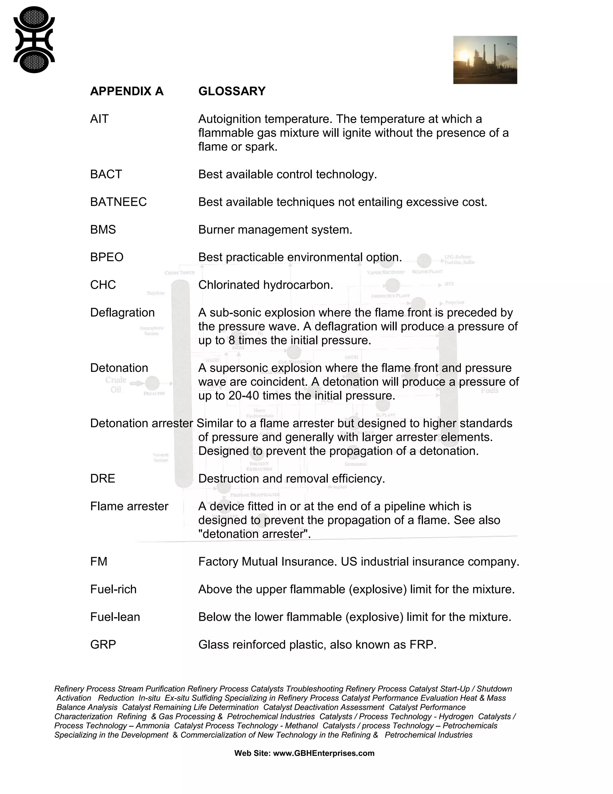 Refinery Process Stream Purification Refinery Process Catalysts Troubleshooting Refinery Process Catalyst Start-Up / Shutdown
Activation Reduction In-situ Ex-situ Sulfiding Specializing in Refinery Process Catalyst Performance Evaluation Heat & Mass
Balance Analysis Catalyst Remaining Life Determination Catalyst Deactivation Assessment Catalyst Performance
Characterization Refining & Gas Processing & Petrochemical Industries Catalysts / Process Technology - Hydrogen Catalysts /
Process Technology – Ammonia Catalyst Process Technology - Methanol Catalysts / process Technology – Petrochemicals
Specializing in the Development & Commercialization of New Technology in the Refining & Petrochemical Industries
Web Site: www.GBHEnterprises.com
APPENDIX A GLOSSARY
AIT Autoignition temperature. The temperature at which a
flammable gas mixture will ignite without the presence of a
flame or spark.
BACT Best available control technology.
BATNEEC Best available techniques not entailing excessive cost.
BMS Burner management system.
BPEO Best practicable environmental option.
CHC Chlorinated hydrocarbon.
Deflagration A sub-sonic explosion where the flame front is preceded by
the pressure wave. A deflagration will produce a pressure of
up to 8 times the initial pressure.
Detonation A supersonic explosion where the flame front and pressure
wave are coincident. A detonation will produce a pressure of
up to 20-40 times the initial pressure.
Detonation arrester Similar to a flame arrester but designed to higher standards
of pressure and generally with larger arrester elements.
Designed to prevent the propagation of a detonation.
DRE Destruction and removal efficiency.
Flame arrester A device fitted in or at the end of a pipeline which is
designed to prevent the propagation of a flame. See also
"detonation arrester".
FM Factory Mutual Insurance. US industrial insurance company.
Fuel-rich Above the upper flammable (explosive) limit for the mixture.
Fuel-lean Below the lower flammable (explosive) limit for the mixture.
GRP Glass reinforced plastic, also known as FRP.
 