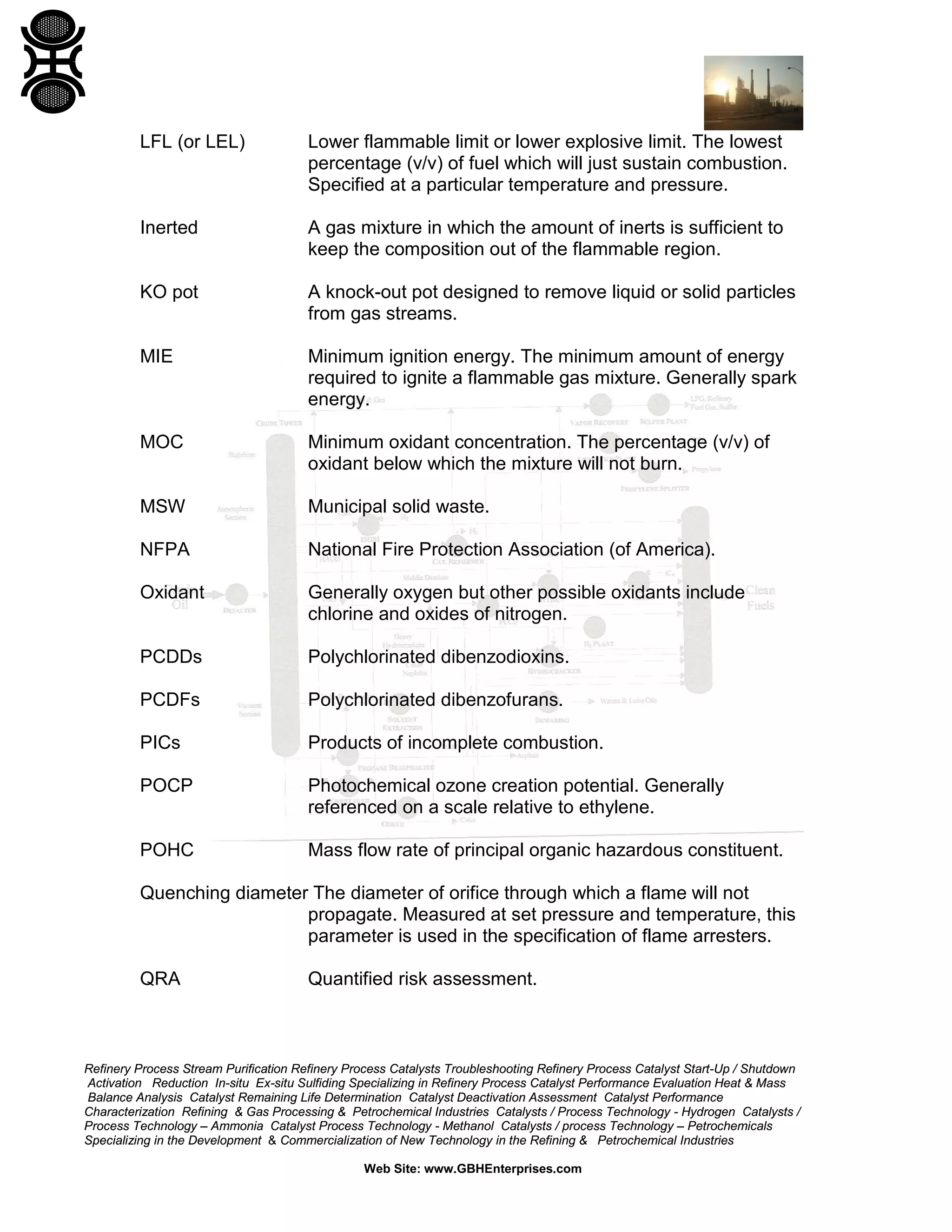 Refinery Process Stream Purification Refinery Process Catalysts Troubleshooting Refinery Process Catalyst Start-Up / Shutdown
Activation Reduction In-situ Ex-situ Sulfiding Specializing in Refinery Process Catalyst Performance Evaluation Heat & Mass
Balance Analysis Catalyst Remaining Life Determination Catalyst Deactivation Assessment Catalyst Performance
Characterization Refining & Gas Processing & Petrochemical Industries Catalysts / Process Technology - Hydrogen Catalysts /
Process Technology – Ammonia Catalyst Process Technology - Methanol Catalysts / process Technology – Petrochemicals
Specializing in the Development & Commercialization of New Technology in the Refining & Petrochemical Industries
Web Site: www.GBHEnterprises.com
LFL (or LEL) Lower flammable limit or lower explosive limit. The lowest
percentage (v/v) of fuel which will just sustain combustion.
Specified at a particular temperature and pressure.
Inerted A gas mixture in which the amount of inerts is sufficient to
keep the composition out of the flammable region.
KO pot A knock-out pot designed to remove liquid or solid particles
from gas streams.
MIE Minimum ignition energy. The minimum amount of energy
required to ignite a flammable gas mixture. Generally spark
energy.
MOC Minimum oxidant concentration. The percentage (v/v) of
oxidant below which the mixture will not burn.
MSW Municipal solid waste.
NFPA National Fire Protection Association (of America).
Oxidant Generally oxygen but other possible oxidants include
chlorine and oxides of nitrogen.
PCDDs Polychlorinated dibenzodioxins.
PCDFs Polychlorinated dibenzofurans.
PICs Products of incomplete combustion.
POCP Photochemical ozone creation potential. Generally
referenced on a scale relative to ethylene.
POHC Mass flow rate of principal organic hazardous constituent.
Quenching diameter The diameter of orifice through which a flame will not
propagate. Measured at set pressure and temperature, this
parameter is used in the specification of flame arresters.
QRA Quantified risk assessment.
 