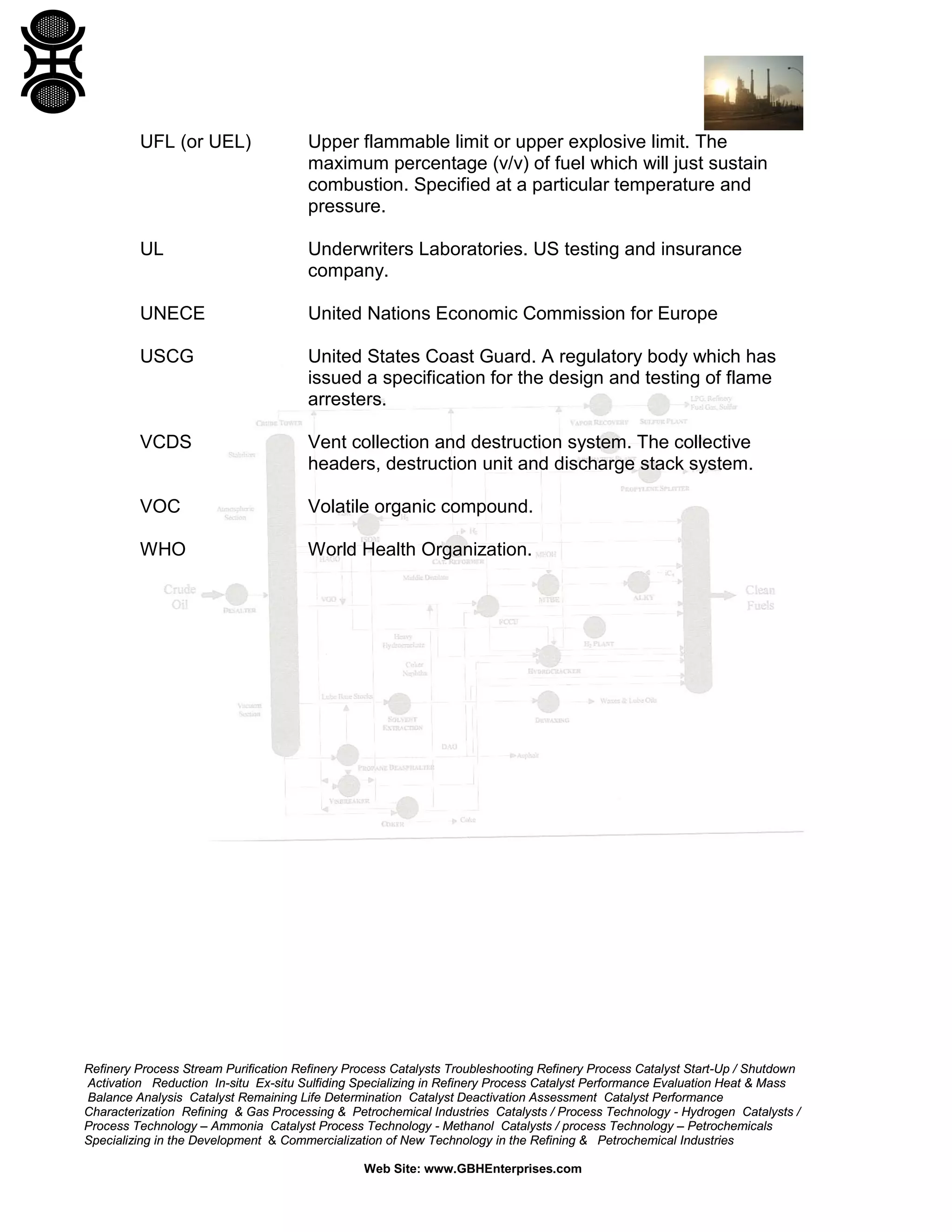 Refinery Process Stream Purification Refinery Process Catalysts Troubleshooting Refinery Process Catalyst Start-Up / Shutdown
Activation Reduction In-situ Ex-situ Sulfiding Specializing in Refinery Process Catalyst Performance Evaluation Heat & Mass
Balance Analysis Catalyst Remaining Life Determination Catalyst Deactivation Assessment Catalyst Performance
Characterization Refining & Gas Processing & Petrochemical Industries Catalysts / Process Technology - Hydrogen Catalysts /
Process Technology – Ammonia Catalyst Process Technology - Methanol Catalysts / process Technology – Petrochemicals
Specializing in the Development & Commercialization of New Technology in the Refining & Petrochemical Industries
Web Site: www.GBHEnterprises.com
UFL (or UEL) Upper flammable limit or upper explosive limit. The
maximum percentage (v/v) of fuel which will just sustain
combustion. Specified at a particular temperature and
pressure.
UL Underwriters Laboratories. US testing and insurance
company.
UNECE United Nations Economic Commission for Europe
USCG United States Coast Guard. A regulatory body which has
issued a specification for the design and testing of flame
arresters.
VCDS Vent collection and destruction system. The collective
headers, destruction unit and discharge stack system.
VOC Volatile organic compound.
WHO World Health Organization.
 
