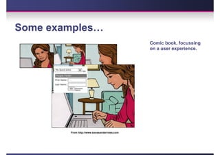Some examples…
                                             Comic book, focussing
                                             on a user experience.




        From http://www.boxesandarrows.com
 