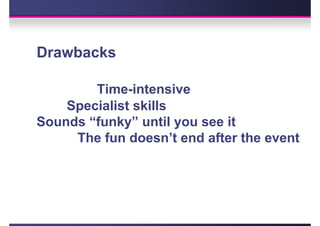 Drawbacks

        Time-intensive
    Specialist skills
Sounds “funky” until you see it
     The fun doesn’t end after the event
 