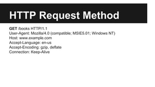 HTTP Request Method 
GET /books HTTP/1.1 
User-Agent: Mozilla/4.0 (compatible; MSIE5.01; Windows NT) 
Host: www.example.com 
Accept-Language: en-us 
Accept-Encoding: gzip, deflate 
Connection: Keep-Alive 
 