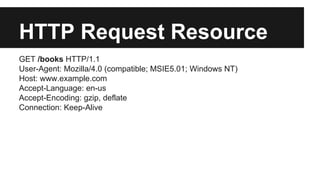 HTTP Request Resource 
GET /books HTTP/1.1 
User-Agent: Mozilla/4.0 (compatible; MSIE5.01; Windows NT) 
Host: www.example.com 
Accept-Language: en-us 
Accept-Encoding: gzip, deflate 
Connection: Keep-Alive 
 