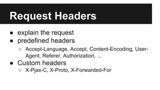 Request Headers 
● explain the request 
● predefined headers 
○ Accept-Language, Accept, Content-Encoding, User- 
Agent, Referer, Authorization, ... 
● Custom headers 
○ X-Pjax-C, X-Proto, X-Forwarded-For 
 