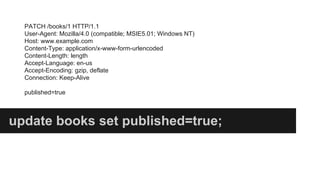 PATCH /books/1 HTTP/1.1 
User-Agent: Mozilla/4.0 (compatible; MSIE5.01; Windows NT) 
Host: www.example.com 
Content-Type: application/x-www-form-urlencoded 
Content-Length: length 
Accept-Language: en-us 
Accept-Encoding: gzip, deflate 
Connection: Keep-Alive 
published=true 
update books set published=true; 
 