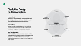 Descentralizado 
Design não é um departamento. Design é uma disciplina
que existe por toda empresa. Apesar disso, temos uma
liderança organizada, proprietária e colaborativa.
Compartilhado 
Nossas metas são compartilhadas com diversos times,
acompanhamos engajamento em CTR e estimulamos
processos de alta performance e foco em resultados.
Ágil e alta performance 
Designers trabalham com autonomia para tomar decisões e
colaborar direto com diversos grupos. Objetivo é aumentar
velocidade e aprendizado. Sempre que conseguir,
simplifique, decida, priorize e ataque o problema que está
ao teu alcance.
DESIGN
Produto e  
Business Units
Marketing
/ Brand
Estratégia
Web
Conversion
Pedagógico
Disciplina Design  
no Descomplica.
Growth e  
Performance Media
User studies, experiência, arte e projeto
 
