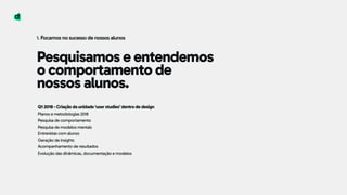 Pesquisamos e entendemos
o comportamento de
nossos alunos.
1. Focamos no sucesso de nossos alunos
Q1 2018 - Criação da unidade ‘user studies’ dentro de design 
Planos e metodologias 2018 
Pesquisa de comportamento
Pesquisa de modelos mentais
Entrevistas com alunos
Geração de insights
Acompanhamento de resultados 
Evolução das dinâmicas, documentação e modelos
 