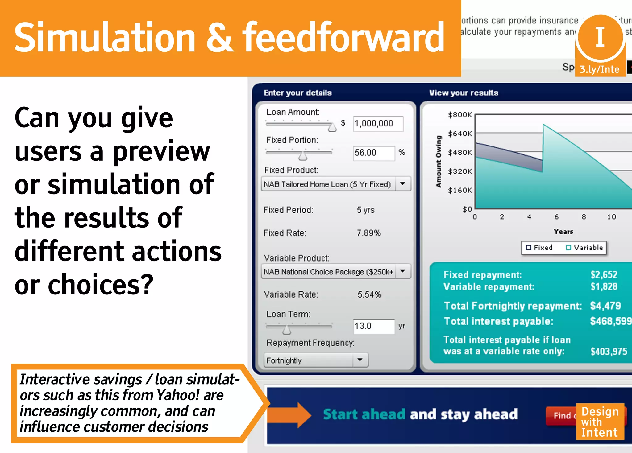 Simulation & feedforward               In
                                        I
                                      3.ly/Inte




Can you give
users a preview
or simulation of
the results of
different actions
or choices?


Interactive savings / loan simulat-
ors such as this from Yahoo! are
increasingly common, and can          Design
                                      with
influence customer decisions          Intent
 