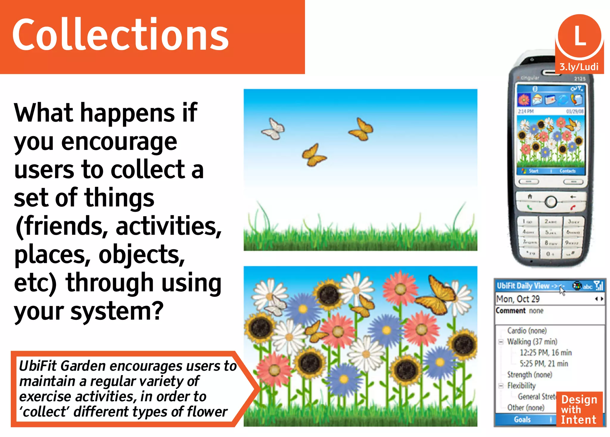 Collections                            Lu
                                        L
                                      3.ly/Ludi




What happens if
you encourage
users to collect a
set of things
(friends, activities,
places, objects,
etc) through using
your system?

UbiFit Garden encourages users to
maintain a regular variety of
exercise activities, in order to      Design
‘collect’ different types of flower   with
                                      Intent
 