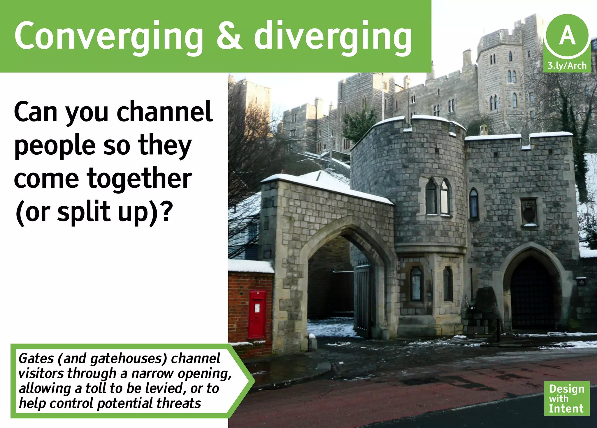 Converging & diverging                 Ar
                                       A
                                      3.ly/Arch




Can you channel
people so they
come together
(or split up)?




Gates (and gatehouses) channel
visitors through a narrow opening,
allowing a toll to be levied, or to   Design
                                      with
help control potential threats        Intent
 