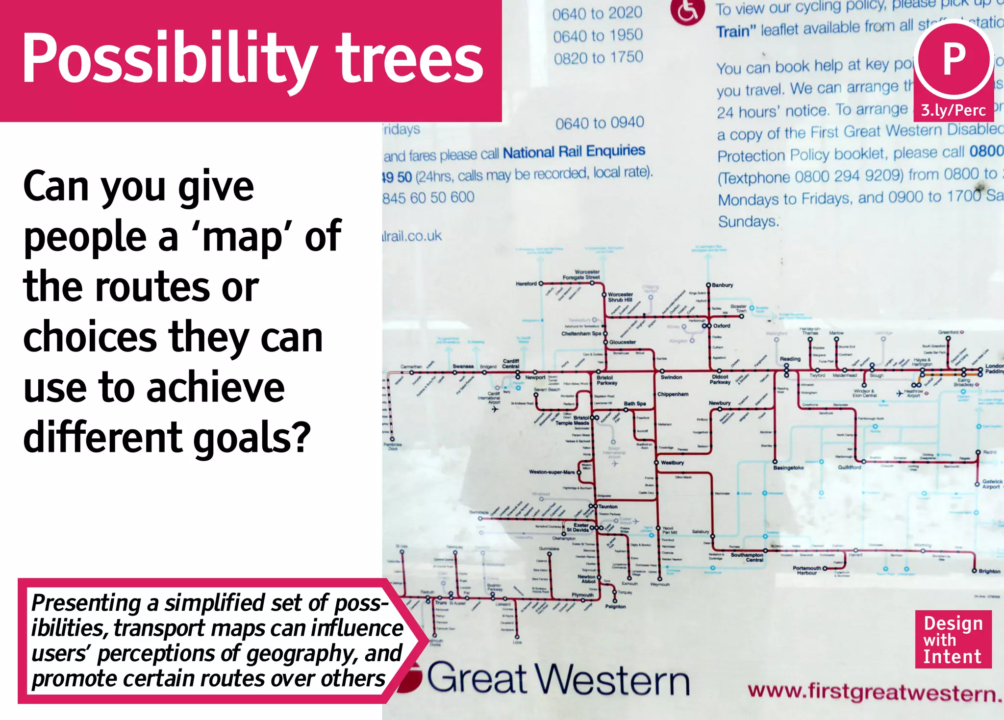Possibility trees                          Pe
                                           P
                                          3.ly/Perc




Can you give
people a ‘map’ of
the routes or
choices they can
use to achieve
different goals?


Presenting a simplified set of poss-
ibilities, transport maps can influence   Design
                                          with
users’ perceptions of geography, and      Intent
promote certain routes over others
 