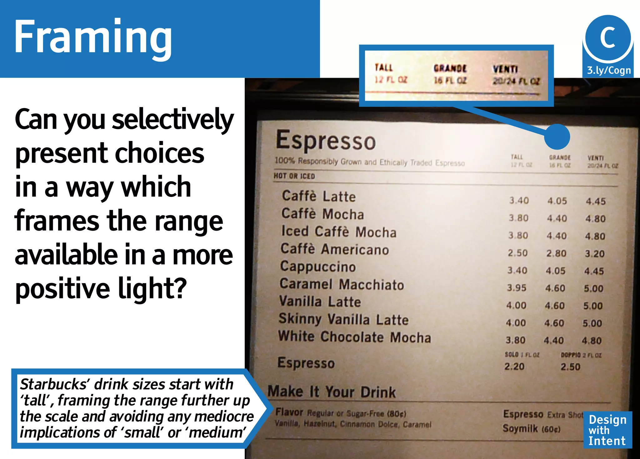 Framing                                Cg
                                       C
                                       3.ly/Cogn




Can you selectively
present choices
in a way which
frames the range
available in a more
positive light?


Starbucks’ drink sizes start with
‘tall’, framing the range further up
the scale and avoiding any mediocre    Design
implications of ‘small’ or ‘medium’    with
                                       Intent
 