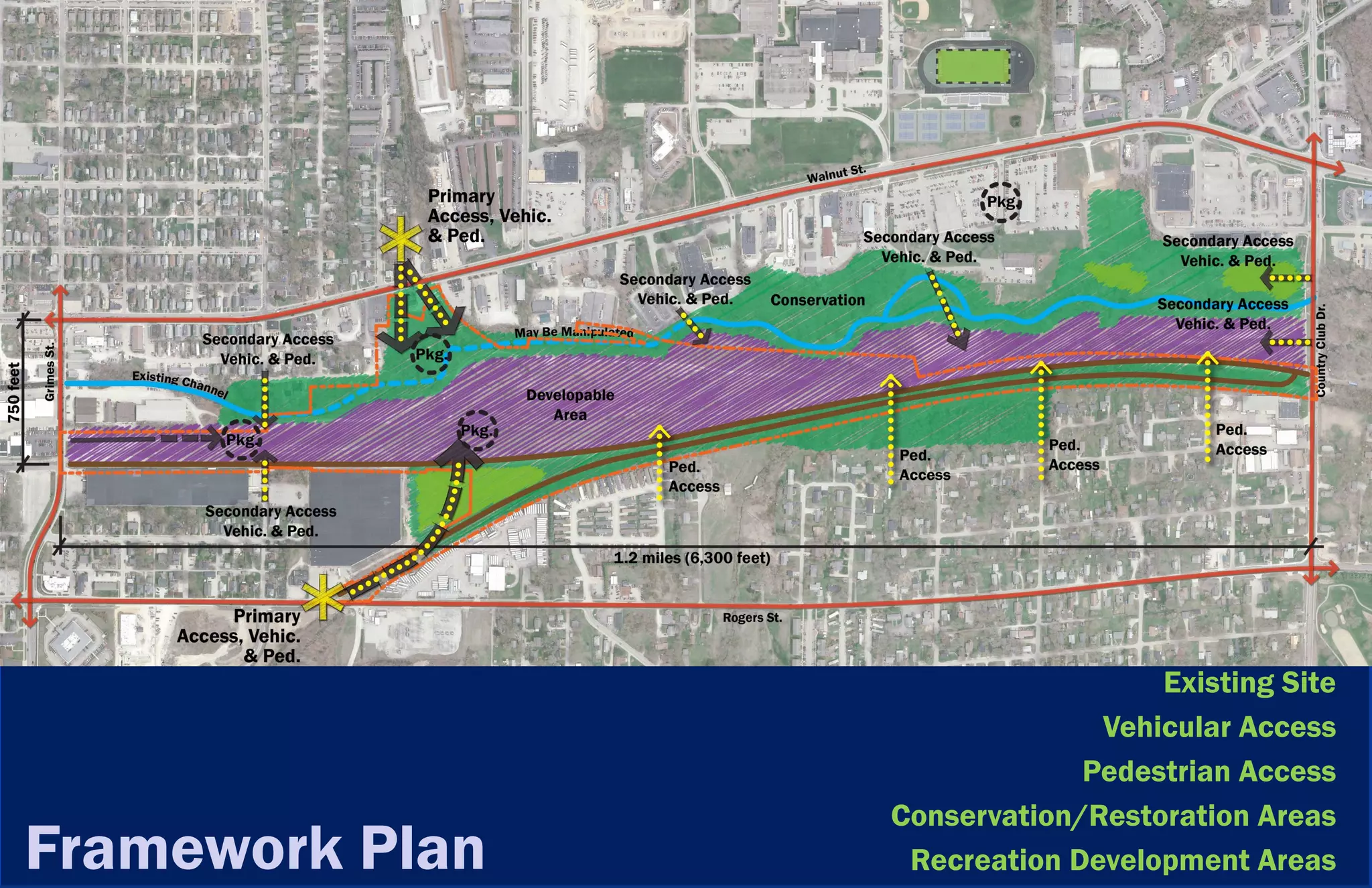 Existing Site
                               Vehicular Access
                              Pedestrian Access
                 Conservation/Restoration Areas
Framework Plan    Recreation Development Areas
 