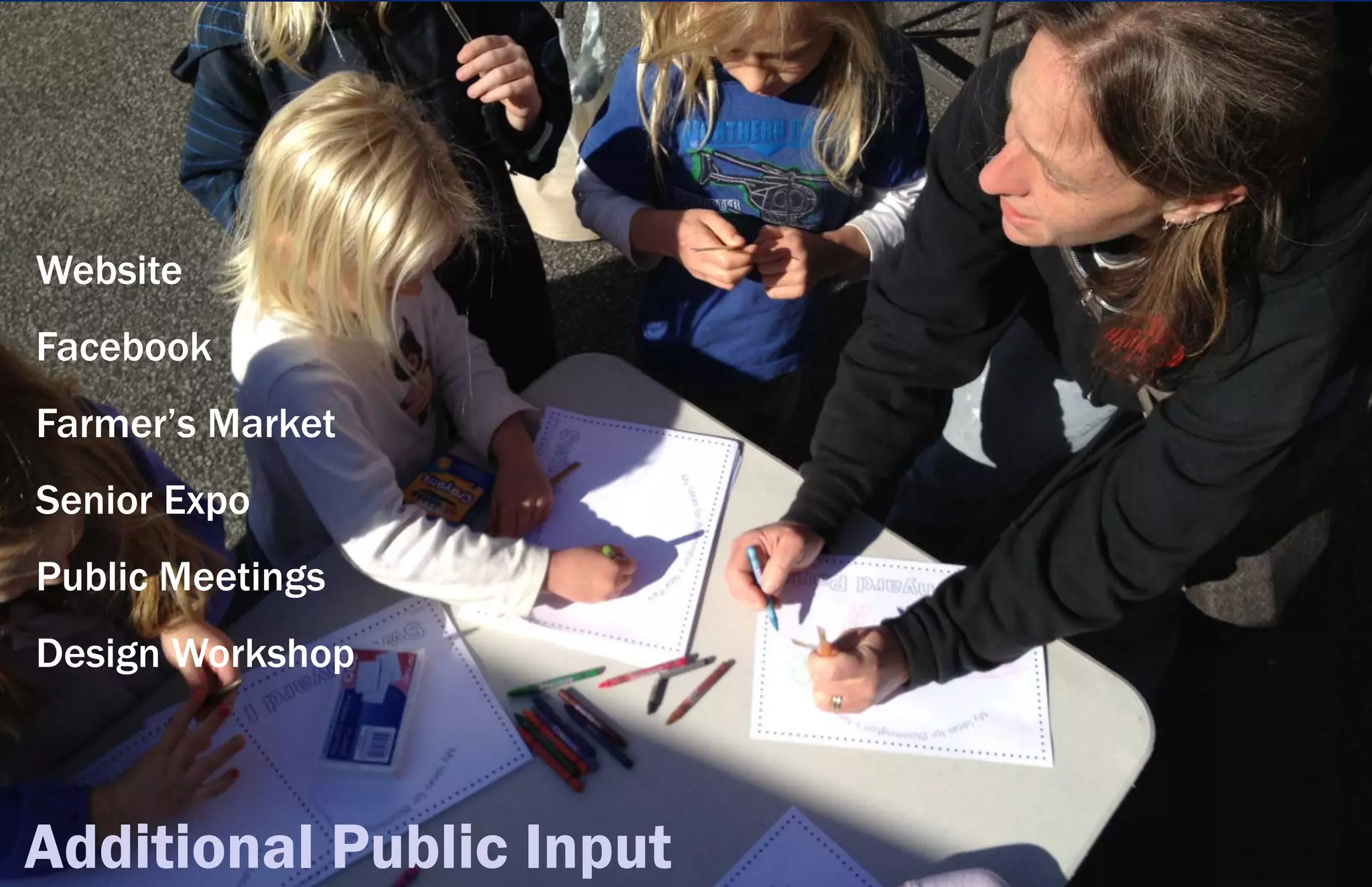 Website
Facebook
Farmer’s Market
Senior Expo
Public Meetings
Design Workshop



Additional Public Input
 