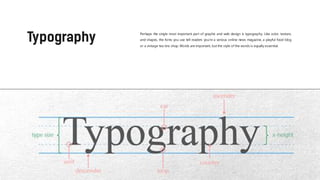 Perhaps the single most important part of graphic and web design is typography. Like color, texture,
and shapes, the fonts you use tell readers you’re a serious online news magazine, a playful food blog
or a vintage tea tins shop. Words are important, but the style of the words is equally essential.
 