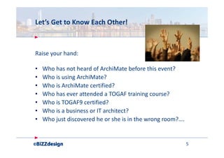 Let’s Get to Know Each Other!
Raise your hand:
• Who has not heard of ArchiMate before this event?
• Who is using ArchiMate?Who is using ArchiMate?
• Who is ArchiMate certified?
• Who has ever attended a TOGAF training course?g
• Who is TOGAF9 certified?
• Who is a business or IT architect?
• Who just discovered he or she is in the wrong room?….
5
 