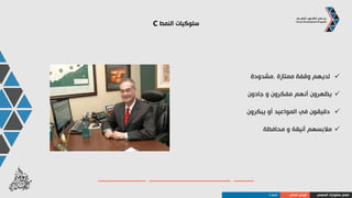 ‫النمط‬ ‫سلوكيات‬C
‫دقيقة‬ ‫خطوات‬ ‫يأخذون‬
‫انعزاليون‬ ‫ما‬ ‫نوعا‬ ‫و‬ ‫متحفظون‬
‫بانفعاالتهم‬ ‫يتحكمون‬
‫بوضوح‬ ‫ينطلقون‬ ‫و‬ ‫معرفة‬ ‫ذوو‬ ‫أنهم‬ ‫يبد‬
‫المهني‬ ‫مشوارك‬ ‫صمم‬‫الذاتي‬ ‫الوعي‬‫النمط‬C
 