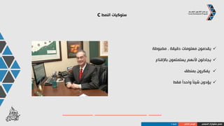 ‫النمط‬ ‫سلوكيات‬C
‫بالضبط‬ ‫التعليمات‬ ‫يتبعون‬
‫يتكلموا‬ ‫أن‬ ‫قبل‬ ‫يفكرون‬
‫طويلة‬ ‫لفترة‬ ‫صامتين‬ ‫البقاء‬ ‫يستطيعون‬
‫حذر‬ ‫و‬ ‫ببطء‬ ‫يتكلمون‬
‫المهني‬ ‫مشوارك‬ ‫صمم‬‫الذاتي‬ ‫الوعي‬‫النمط‬C
 