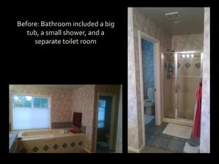 Before: Bathroom included a big
tub, a small shower, and a
separate toilet room
 