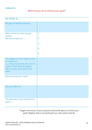 DESIGN	YOUR	LIFE	–	YOUR	PERSONAL	GOAL	SETTING	KIT						
2016		iSucceed	Pty	Ltd	
	
13	
	
	
TEMPLATE	2	
What will you do to achieve your goal?
	
	
MY GOAL IS….
My goal is important because…
What I will do to make my goal
happen.
My actions steps are …..
1
2
3
4
5
The triggers for me to keep on track
to my goal are…
e. g. One priority every day, less TV,
routine of self care and support,
wake up early, share what I have
done.
What resources will I need?
Who can help me?
The date when I have achieved this
goal is…..
	
	
Triggers remind you of your purpose and provide space to achieve your
goals. Replace what is not working for you with actions that do.
 