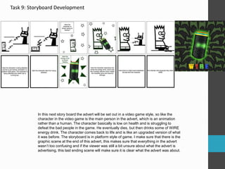 Task 9: Storyboard Development 
In this next story board the advert will be set out in a video game style, so like the 
character in the video game is the main person in the advert, which is an animation 
rather than a human. The character basically is low on health and is struggling to 
defeat the bad people in the game. He eventually dies, but then drinks some of WIRE 
energy drink. The character comes back to life and is like an upgraded version of what 
it was before. The storyboard is in platform style of game. I make sure that there is the 
graphic scene at the end of this advert, this makes sure that everything in the advert 
wasn’t too confusing and if the viewer was still a bit unsure about what the advert is 
advertising, this last ending scene will make sure it is clear what the advert was about. 
 