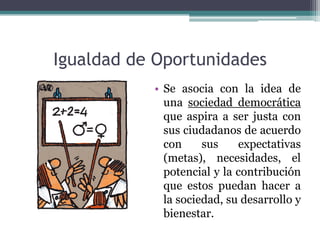 Igualdad de Oportunidades
• Se asocia con la idea de
una sociedad democrática
que aspira a ser justa con
sus ciudadanos de acuerdo
con
sus
expectativas
(metas), necesidades, el
potencial y la contribución
que estos puedan hacer a
la sociedad, su desarrollo y
bienestar.

 