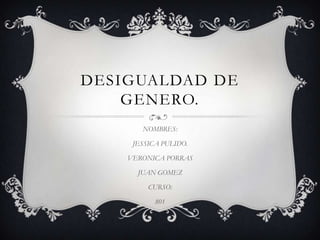 DESIGUALDAD DE
    GENERO.
       NOMBRES:

     JESSICA PULIDO.

    VERONICA PORRAS

      JUAN GOMEZ

         CURSO:

           801
 